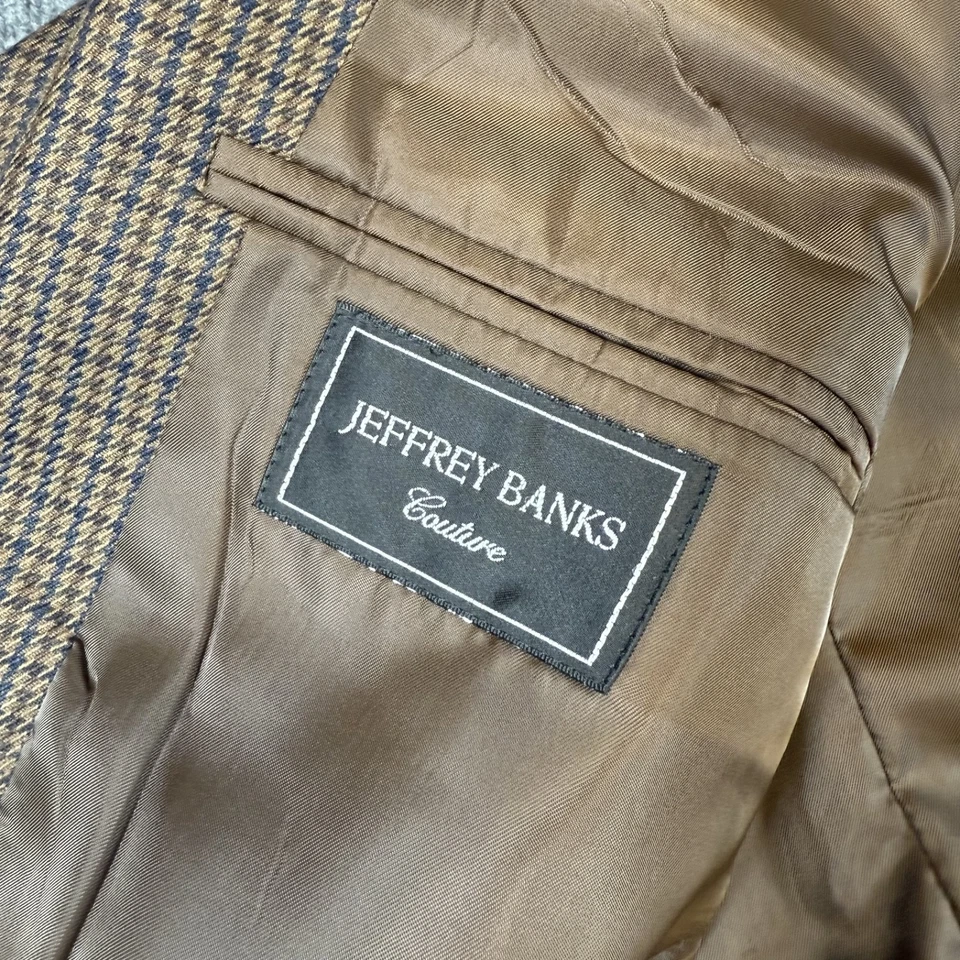 Jeffrey Banks Couture Blazer 男式 44R 海军蓝棕色千鸟格三扣 — 第 4/4 张图片