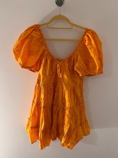 Zara womens orange puffball sleeve mini broderie floral dress