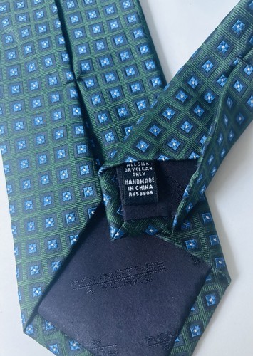 Roundtree & Yorke Silk Tie Mens Geometric Green Blue squares - Picture 4 of 4