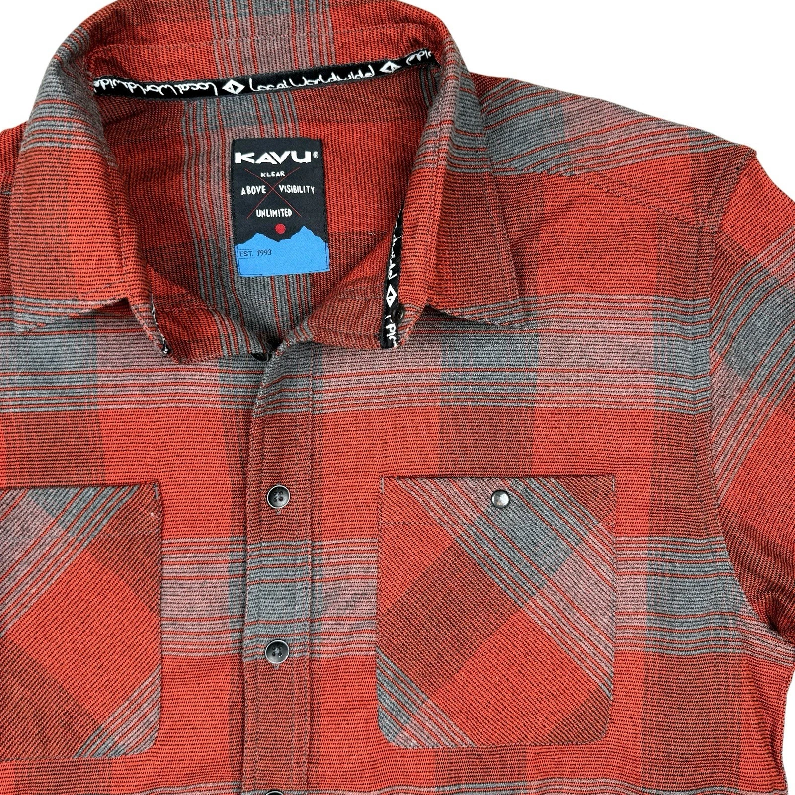 KAVU Long Sleeve Flannel Shirt Lumberjack Red Gray White Size L Outdoor Work