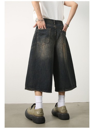 Retro Unisex Wide Leg High Waisted Wash Knee Length Baggy Denim Jeans Shorts New - Picture 24 of 29