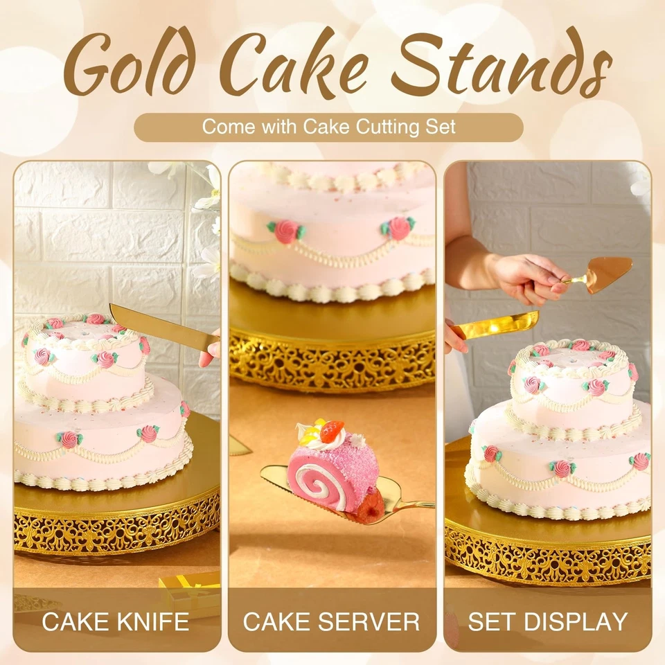 Juego de soporte de pastel dorado de 16 pulgadas soporte de postre redondo de metal para cupcakes con corte de pastel... Foto 4 de 4