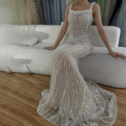 Vestido de Noche Cuadrado Perla Correa para el Hombro Baile de graduación Vestido de Encaje Sirena Vestidos de Noche - Imagen 2 de 9