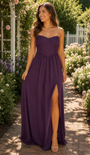Lulus Women's Size M Plum Purple Strapless Ruched Chiffon Maxi Dress Thigh Slit