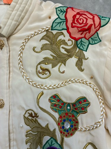 Vtg Exit Shops Jacket S Ivory Gold 100% Silk Floral Appliqué Rope Beaded *button - Picture 5 of 15