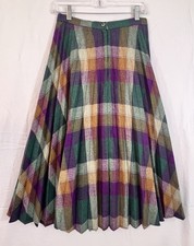 Vintage Pleated Plaid Skirt Lightweight Wool Green Purple Skirt Academia Preppy