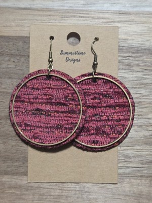 GENUINE Leather Backed Tweed Circle Cut Earrings w/ Gold Finding 2'' 