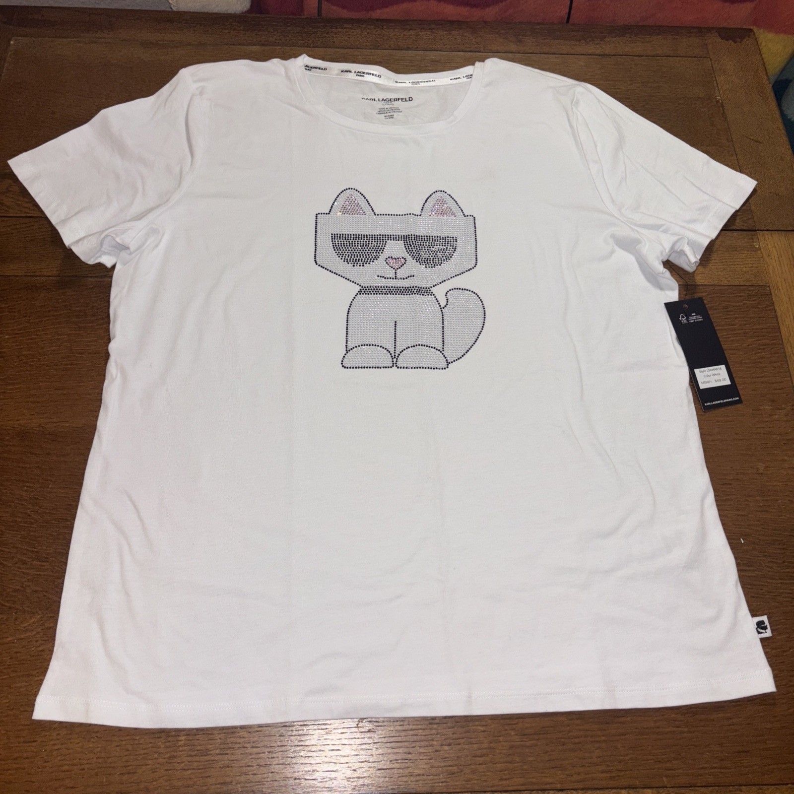 KARL LAGERFELD PARIS Women Choupette Rhinestone Embellished Tee Size L NWT