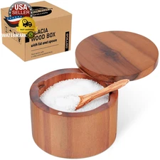 9-Ounce Salt Cellar with Spoon and Swivel Lid, Acacia Wood Salt & Spice Box, Sal