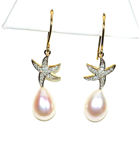 14K, PEARL EARRINGS, DIAMOND STARFISH , SOUTH SEA PEARL, DROP DANGLE - Picture 3 of 5