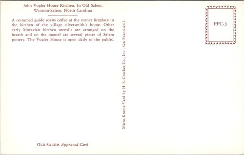 KITCHEN interior view JOHN VOGLER HOUSE Winston-Salem, North Carolina Postcard - Picture 2 of 2