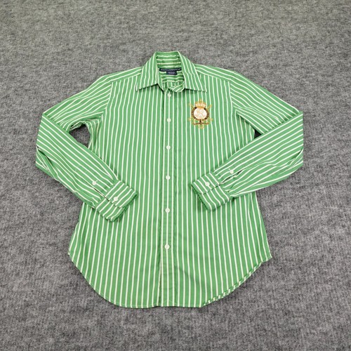 Ralph Lauren Sport Shirt Womens 8 Green White Stripe Long Sleeve Crest Logo - Picture 2 of 13