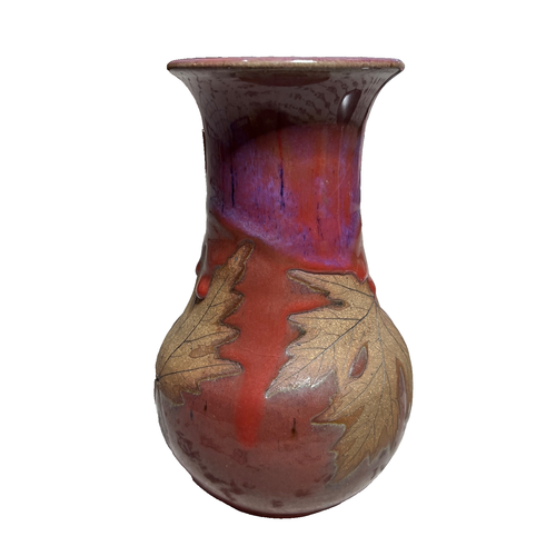 Mark Alewine Keramik Herbstblatt Vase Ahornblätter rot grün lila signiert ≈8" - Bild 3 von 13
