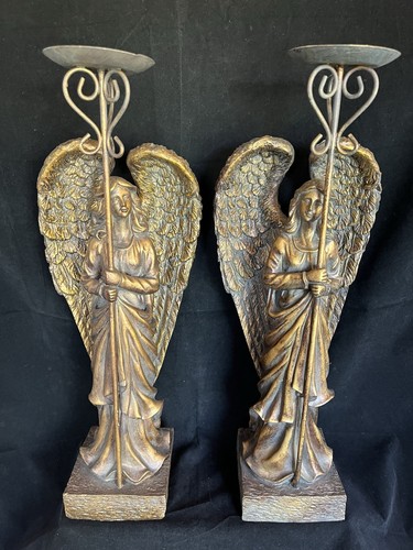 Vintage Pair Bronzed Guardian Angels Candle Holders 18in Tall For Pillar Candle - Picture 2 of 17
