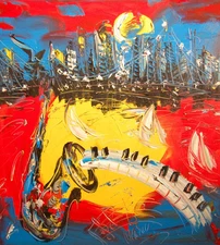 Modern Abstract JAZZ BLUE CITY   Original Oil Painting  IMPRESSIONIST NERG