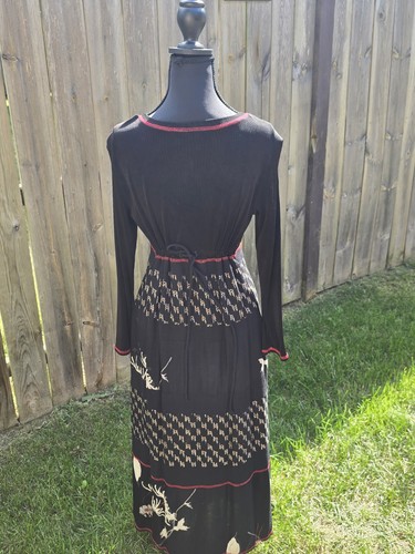 VTG Carol Little Boho Maxi Black Dress Japanese Floral Inspired Tie Back Size 8 - Picture 4 of 16