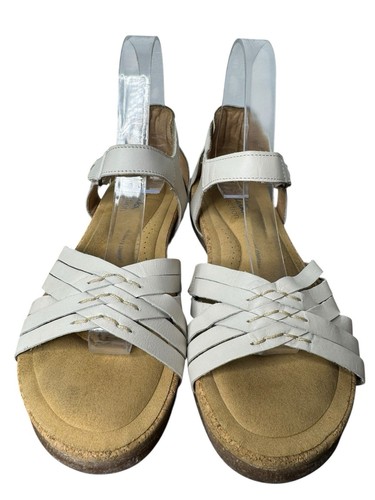Clarks Collection White Leather Sandals Size 8 Open Toe Woven Straps - Picture 3 of 13