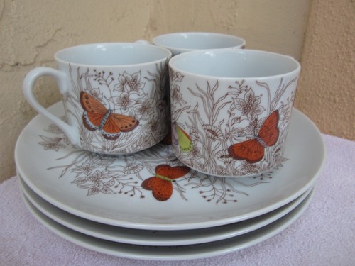 3 Vintage Fitz & Floyd Butterfly Garden Porcelain Snack Plates & 3 Cups 1975 - Picture 17 of 17