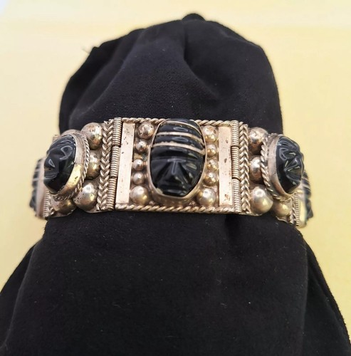 Vintage Alpaca Mayan Mask Bracelet Carved Onyx Faces 7.5" Mexico - Picture 11 of 11