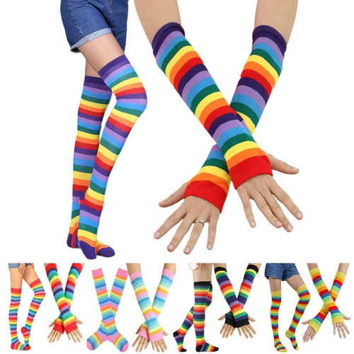 Calcetines hasta la rodilla arco iris medias a rayas mujer calentador de brazos conjunto de guantes sin dedos - Imagen 1 de 16