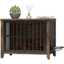31.4'' Dog Crate Furniture Wooden Dog Kennel with Adjustable 360 Bowls Brown