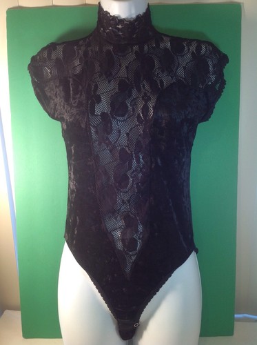Women Bodysuit Tiffany Fashions One Size Black Velvet&Fishnet Taiwan Elastic - Picture 2 of 7