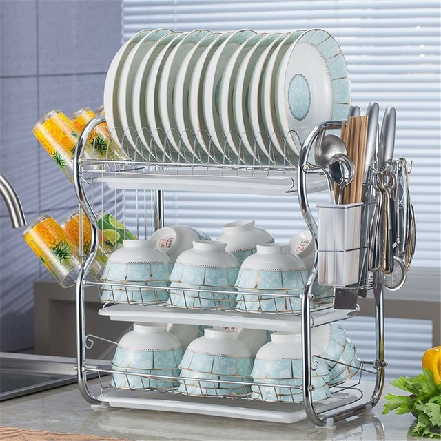Glotoch 2 Tier Dish Drying Rack,2020 Upgrades Double Rust-Proof Treatment Dish Rack with More Stable Footpad Cup Holder and Dish Drainer for Kitchen Counter Top Silver 16.5 x 9.5 x 15 Utensil Holder