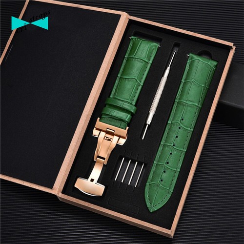 Cinturino orologio in pelle coccodrillo verde fibbia deployante 18 20 22 24 mm - Foto 3 di 8