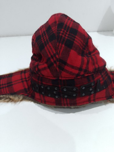 Diesel Men Trapper Hunting Red Plaid Leather Aviator Hat Size 11 Fur Lined Pilot - Picture 5 of 8