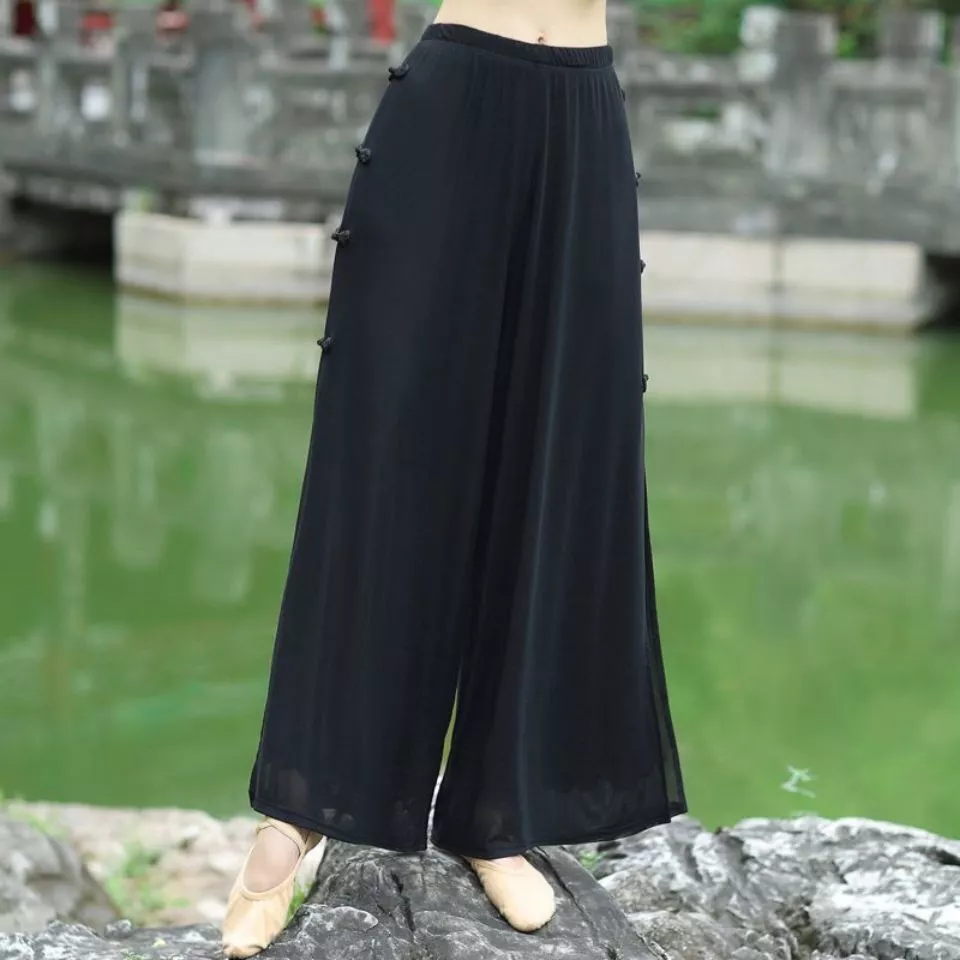 Womens Mesh Long Trousers Dance Pants Elastic Waist Loose Wide Legs Side  Split