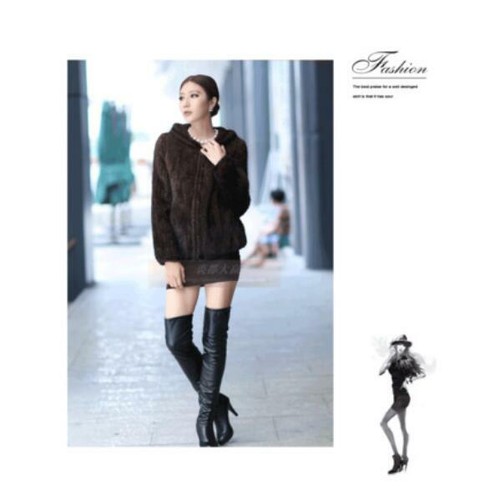 Womens Casual 100% Real Genuine Knitted Mink Fur Hood Coat Jacket Outwear Winter - Picture 9 of 13