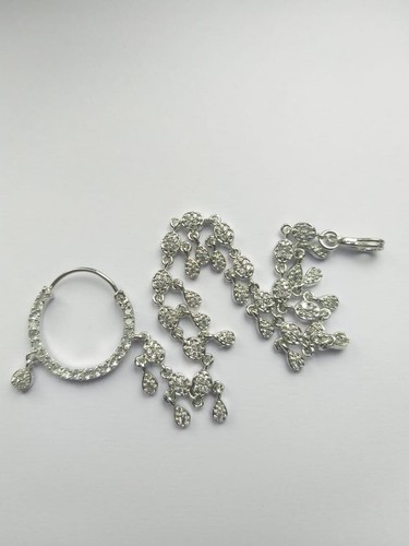 Silver Plated Pierced Nose Ring With Chain Nose Jewelry Crystal Hoop Wedding - Picture 2 of 7
