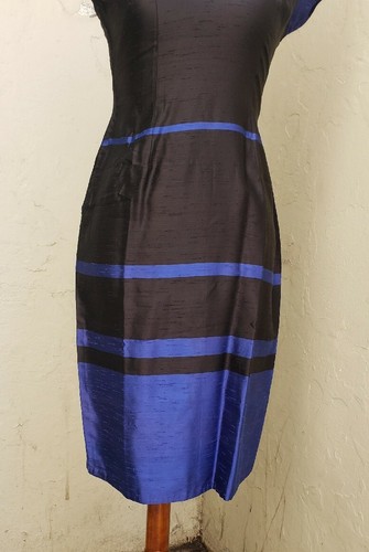 VTG 1960s Handmade Black Blue Striped Raw Silk Chinese Cheongsam Wiggle Dress - Picture 3 of 12
