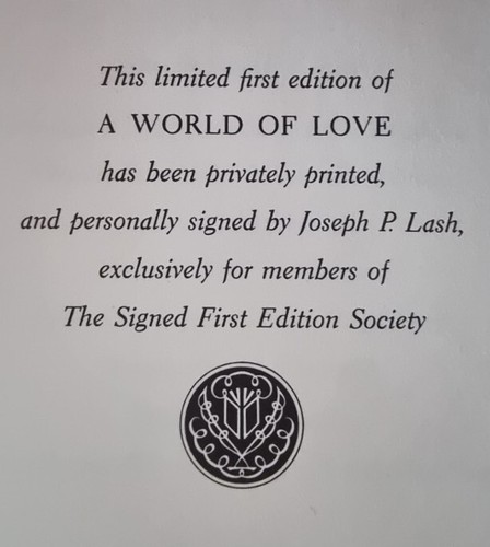 A World of Love: Eleanor Roosevelt / Joseph P. Lash / 1st Ed / Signed by Author! - Picture 8 of 12