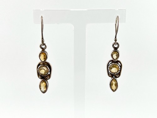 Vintage Silver Citrine Earrings 925 Sterling Triple Gemstone Dangle Pierced - Picture 4 of 18