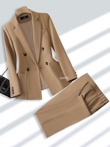 Ladies Pant Suit Women Office Trouser Beige Black 2 Piece Set with Pocket - Picture 23 of 28