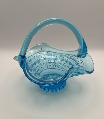 Vintage Fenton Squares With Dots Blue Basket Applied Glass Handle *FREE SHIPPING