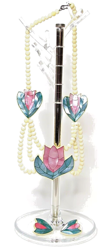 Lee Sands Vntg Ivory Bakelite Necklace Earring Set Floral Pink Pearl Inlay Retro - Picture 4 of 14