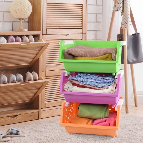 Kekow Plastic Stackable Storage Bins for Pantry 4-Pack Colored Closet Organizer - Picture 8 of 12