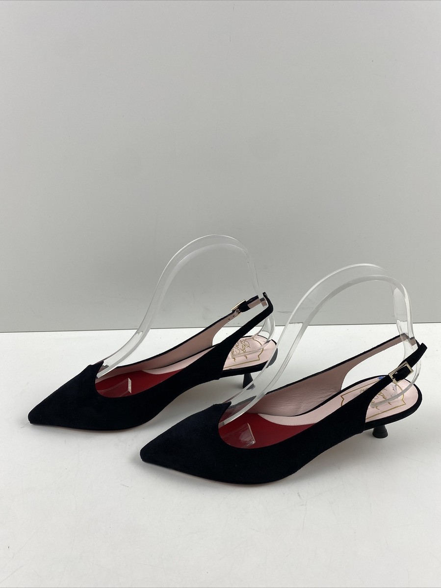 Roger Vivier I LOVE VIVIER Black Suede Pointy Toe Slingback Kitten Heels Size 35 eBay