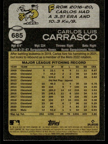 2022 Topps Heritage High Number Carlos Carrasco #685 - Picture 2 of 2