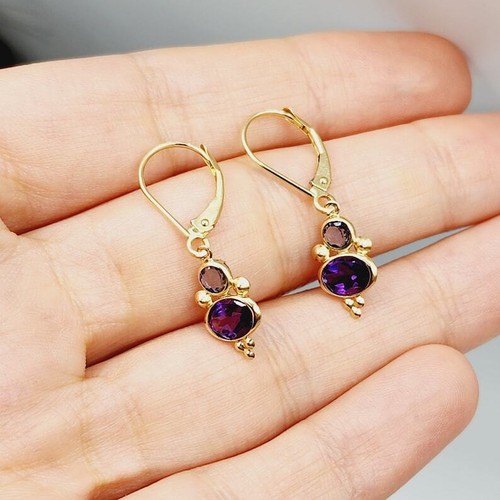 10K Yellow Gold Natural Amethyst and Iolite Dainty Dangle Drop Women Earrings - Picture 7 of 7