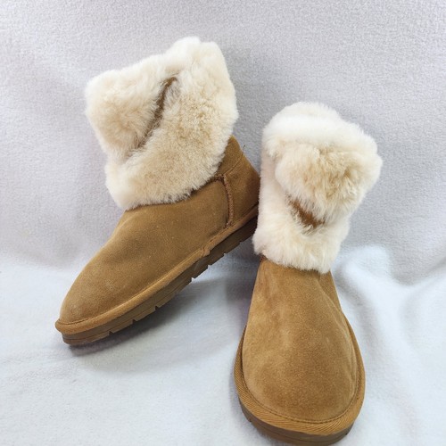 Aldi Women's Size 8 Boots Brown Cow Suede Lamb Fur Slip On Flats Mid Calf