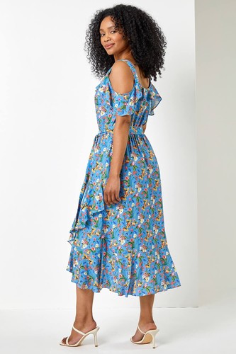 LADIES ROMAN DRESS SIZE 14 PETITE, Blue Floral Print cold shoulder Midi Dress - Picture 10 of 11