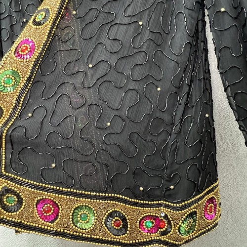 Vintage Laurence Kazar Seidenjacke Damen M schwarz Perlen Pailletten bunt Cocktail - Bild 5 von 18