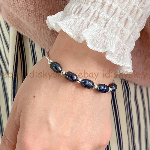 7-8mm Natural Black Pink Freshwater Rice Pearl Bangle Bracelet 7.5-8 inch - Picture 11 of 33