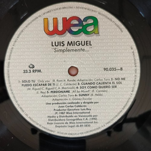 Luis Miguel ‎– Simplemente [1989] Vinyl LP Latin Pop Ballad Romantic WEA Records - Picture 17 of 25