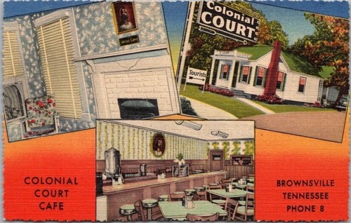 Brownsville, Tennessee Advertising Postcard COLONIAL COURT MOTEL & CAFE - Linen