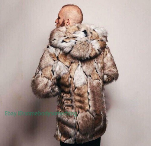 Winter Men Faux  Fur Jacket Hooded Warm Mid Length Coat Party Outwear - Picture 4 of 25