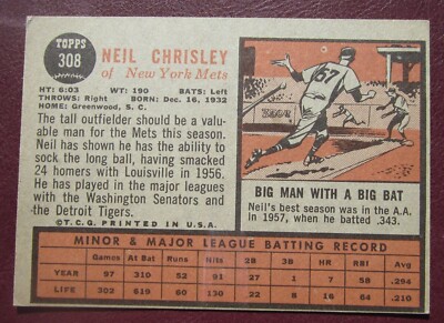 1962 Topps Neil Chrisley (New York Mets) #308 EX | eBay